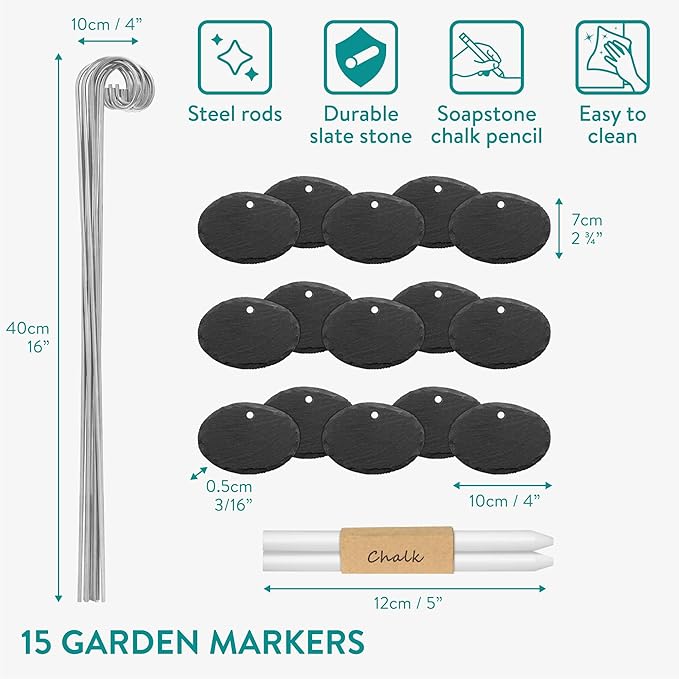 Navaris Slate Plant Labels (15 Pieces) - Garden Marker Label Signs with Stakes - Markers for Plants, Vegetables, Herb Gardens - with Chalk Pencils - Oval