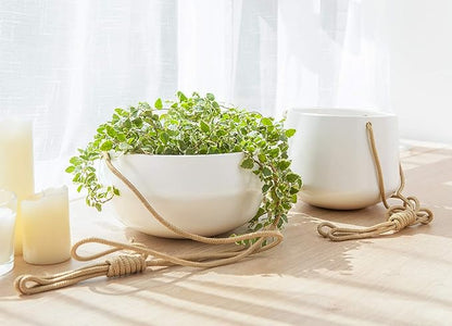 Mkono Ceramic Hanging Planter of Shallow 8 Inch and Deep 6 Inch for Indoor Outdoor Plants, Set of 2 Modern Plant Pot Geometric Porcelain Hanging Basket with Polyester Rope Hanger