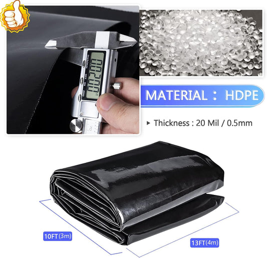 ToLanbbt Pond Liner 10 x 13 Ft, 20 Mil HDPE UV Resistant Preformed Pond Liner Easy Cutting, Underlayment for Fountain, Waterfall, Koi Pondsand Water Garden (Black)