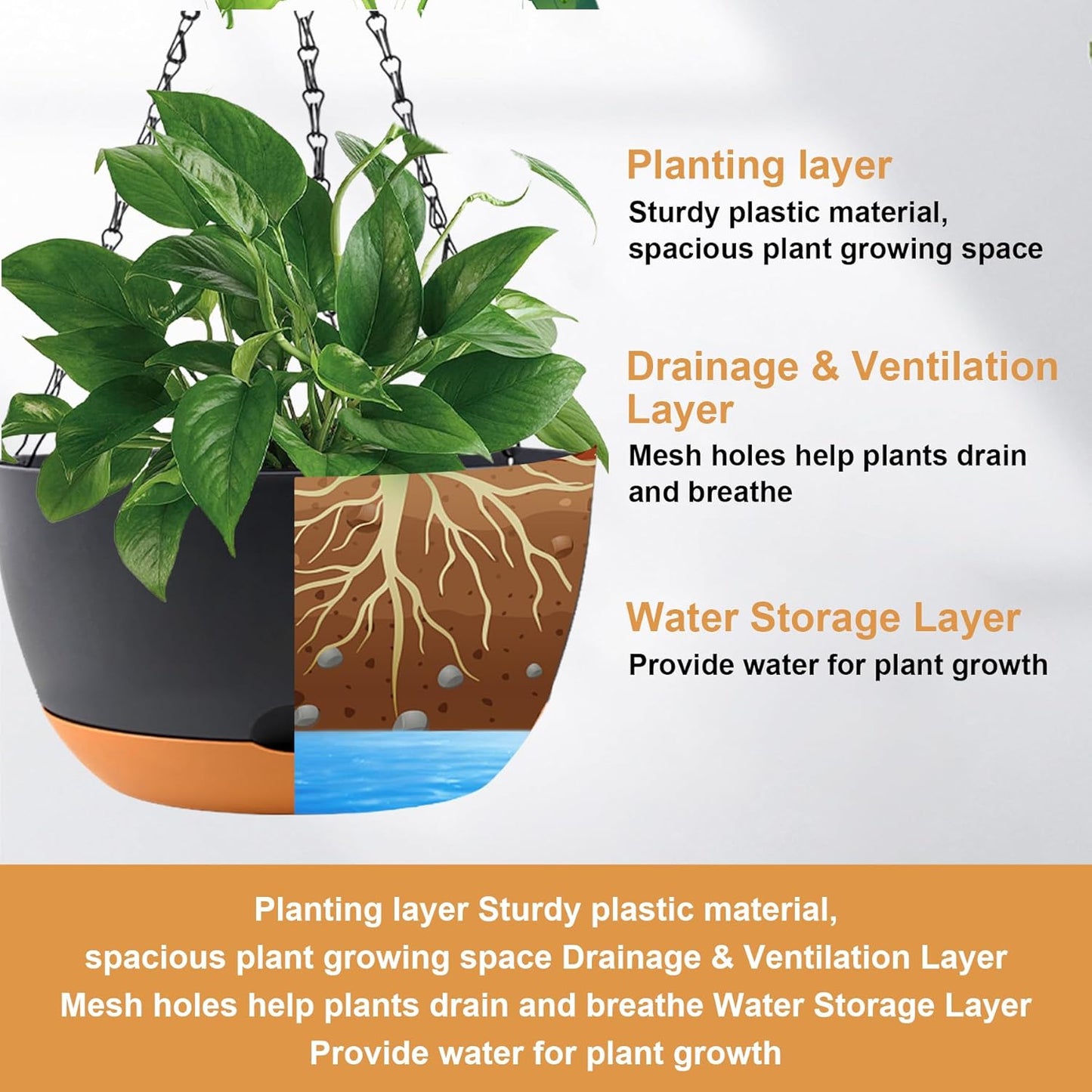 10 inch Plant Pot Hanging Planters Self Watering Pots for Indoor Plants, 3 Pack Plastic Hanging Basket with Removable Tray for Home Garden Porch Balcony Patio Decor(Black)