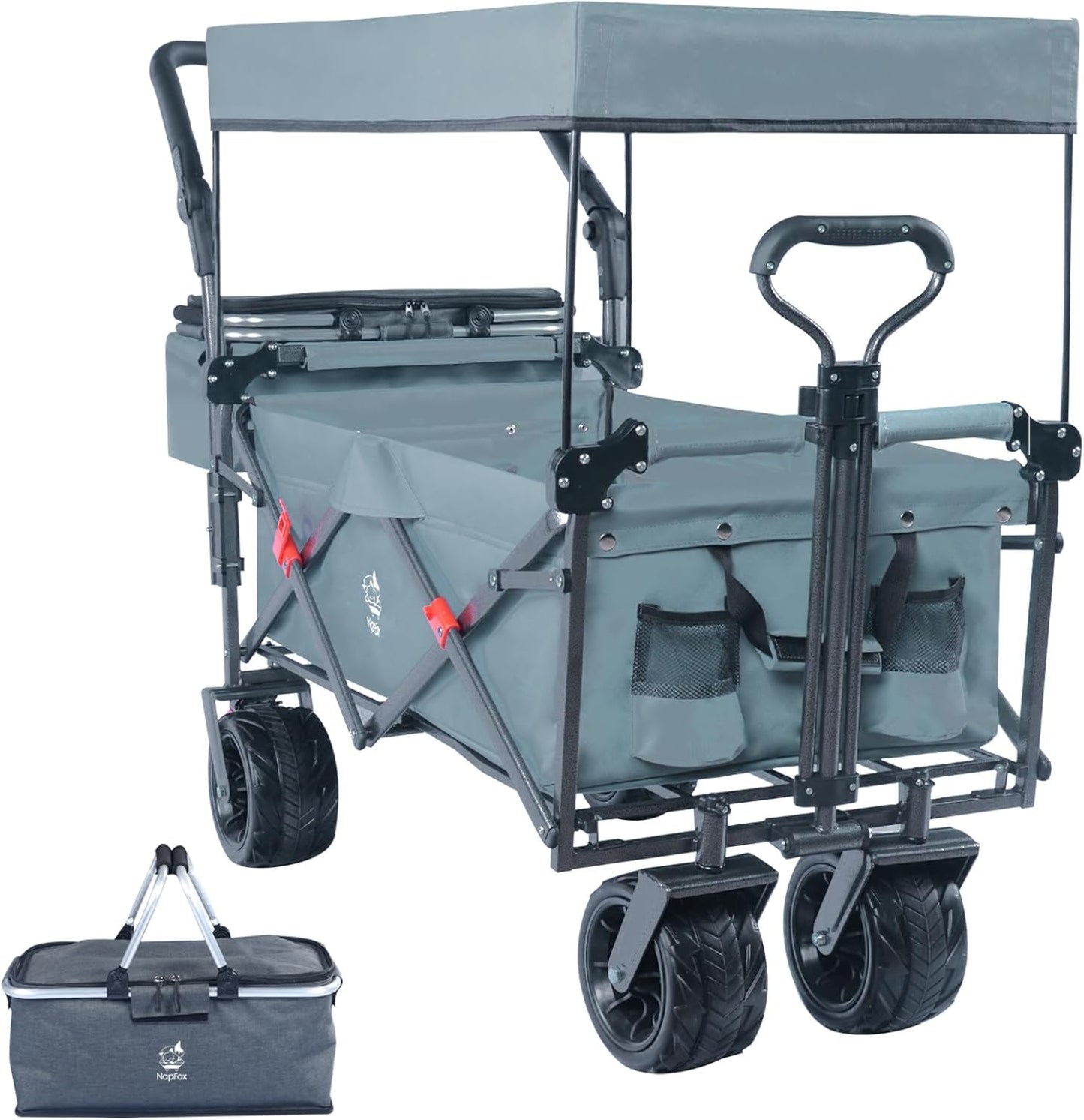 Collapsible Wagon Heavy Duty Folding Wagon Cart with Removable Canopy, 4" Wide Large All Terrain Wheels, Brake, Adjustable Handles,Cooler Bag Utility Carts for Outdoor Garden Wagons Carts Beach Cart