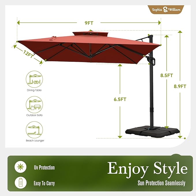 Sophia & William 12ft Cantilever Patio Umbrella with Base, Large Rectangular Umbrellas with 360-degree Rotation, Aluminum Pole for Garden Pool Backyard, Red