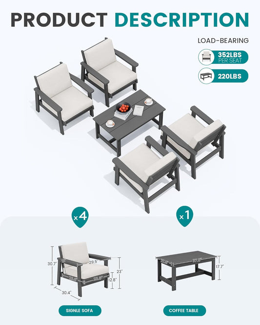 SERWALL Outdoor Patio Furniture Set, 5 Piece HDPE Patio Conversation Sets, All-Weather Wood-Like Outdoor Couch Loveseat and Coffee Table with Thick Cushions for Porch Balcony Garden Backyard