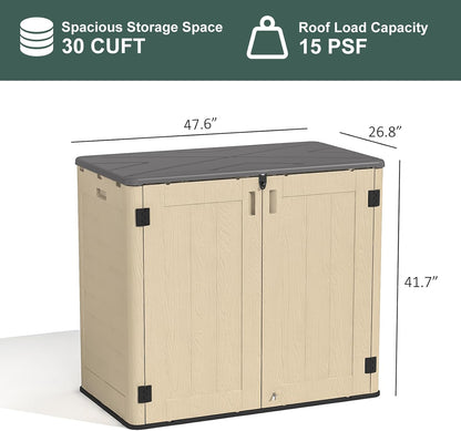 30 Cu.Ft Outdoor Storage Shed, Multi-Purpose Weather-Resistant Utility Shed for Garbage Cans, Lawn Mower, Garden Tools, Waterproof Resin Horizontal Cabinet with Pad-Lockable Doors (Khaki)