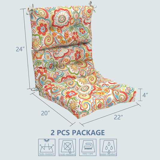 LVTXIII Outdoor Seat/Back Chair Cushion Patio Tufted High Back Cushion, Seasonal Replacement Rocking Chair Cushion with Ties (22” W x 20D”, Set of 2, Flower Red)