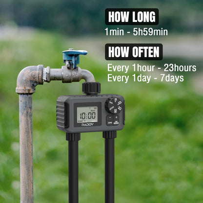 Raddy WS-5 Sprinkler Timer 2 Zone, Programmable Water Hose Timer 2 Outlet for Garden, Outdoor Automatic Irrigation System IP55 Waterproof with Rain Delay/Manual for Lawn, Yard, Pool