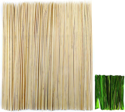 GXXMEI 100PCS 18" Bamboo Plant Stakes with 100PCS 4" Green Garden Ties, Plant Sticks Support, Floral Plant Support Wooden, Indoor Gardening Plant Supports, Wooden Sign Posting Garden Sticks