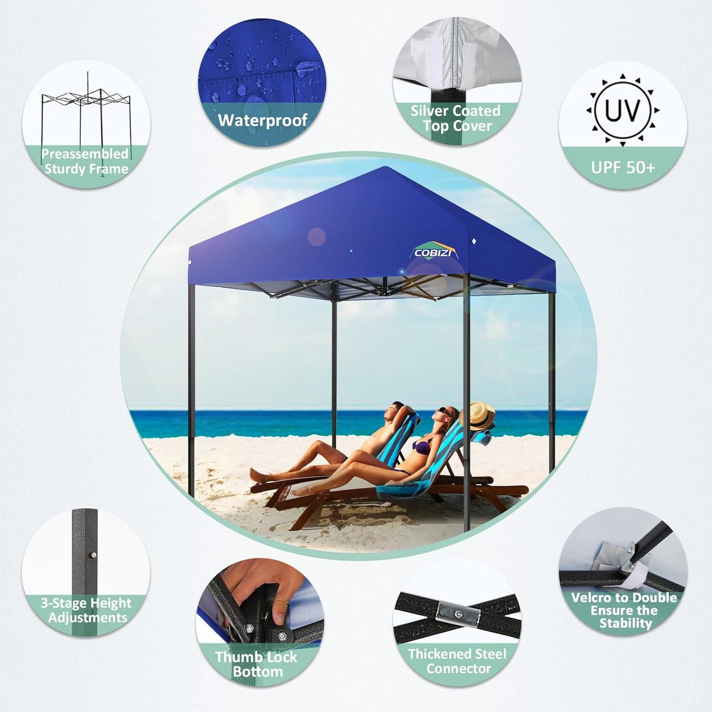 COBIZI 6.6x6.6ft Pop Up Canopy Tent, Heavy Duty Canopy Easy Set up All Weather Waterproof Outdoor Canopy Tent for Parties, Beach, Garden, Camping with 1 Handbag, UPF50+, Deep Blue