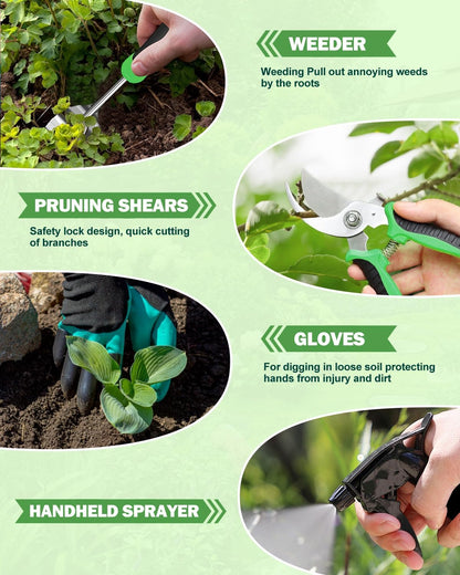 Garden Tools Set, 8 in 1 Heavy Duty Garden Tools Kit, Stainless Steel Ergonomic Gardening Hand Tool with Upgraded Bag, Gardening Supplies Gift for Women, Kid, Organizer