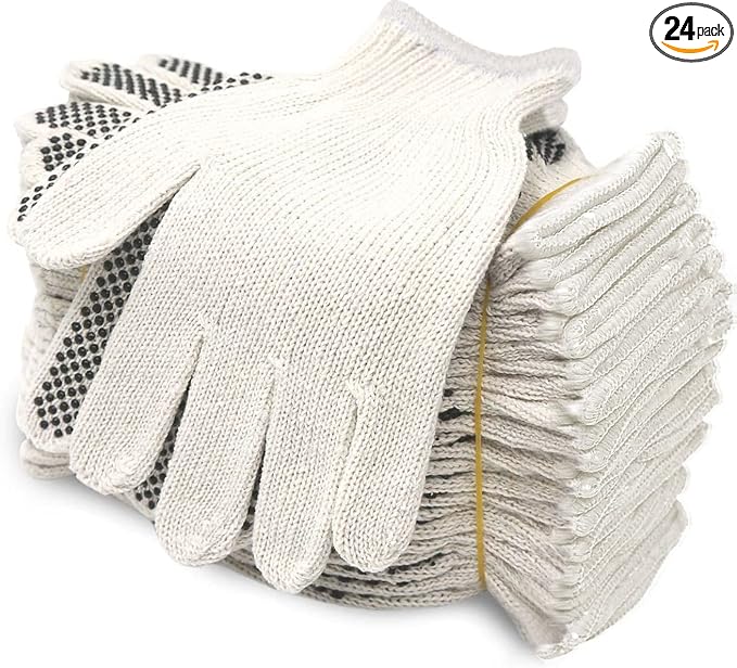 Evridwear Cotton Polyester String Knit Shell Safety Protection Work Gloves for Painter Mechanic Industrial Warehouse Gardening Construction Men & Women 12 Pairs, With one Side Dots, L Size