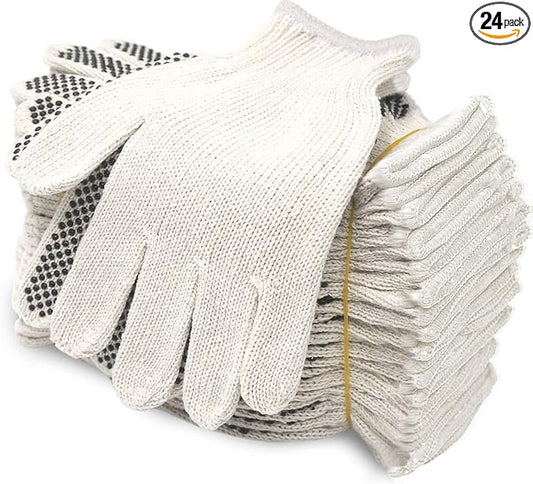 Evridwear Cotton Polyester String Knit Shell Safety Protection Work Gloves for Painter Mechanic Industrial Warehouse Gardening Construction Men & Women 12 Pairs, With one Side Dots, L Size