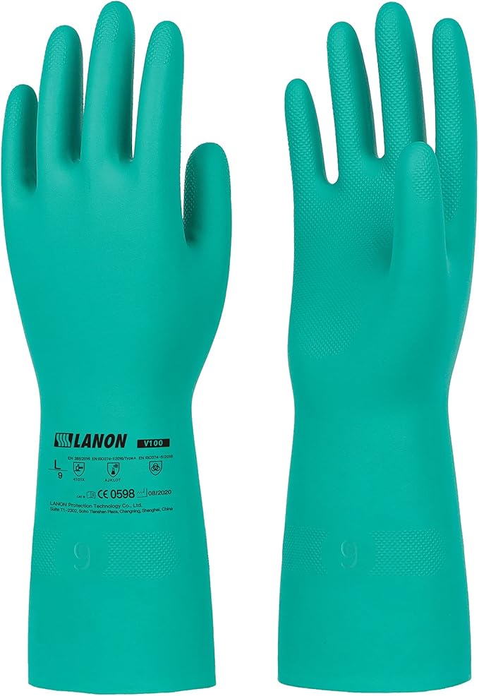 LANON 3 Pairs Nitrile Chemical Resistant Gloves, Reusable Heavy-Duty Rubber Gloves, Acid, Alkali & Oil Protection, Non-Slip, XXL
