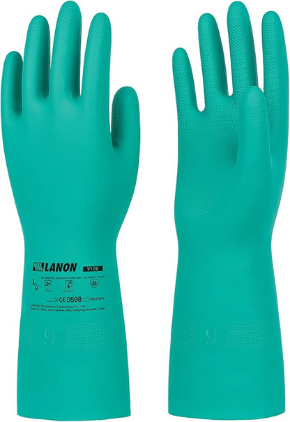 LANON 3 Pairs Nitrile Chemical Resistant Gloves, Reusable Heavy-Duty Rubber Gloves, Acid, Alkali & Oil Protection, Non-Slip, XXL