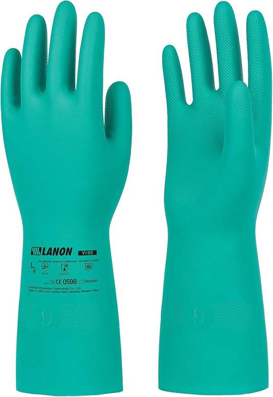LANON 3 Pairs Nitrile Chemical Resistant Gloves, Reusable Heavy-Duty Rubber Gloves, Acid, Alkali & Oil Protection, Non-Slip, XXL