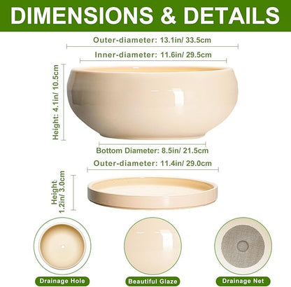 Large Succulent Planters - 13 Inch Ceramic Bonsai Pots Indoor Outdoor, Shallow Planter with Drainage Hole and Tray, Round Planter Bowl, Large Bonsai Pot, Home Decor, Housewarming Gift, Beige