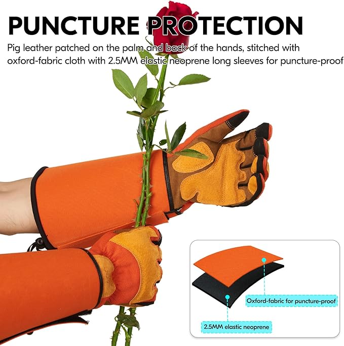 Vgo... Gardening Gloves Unisex,Safety Work Gloves,Long Sleeves Gauntlet,Puncture Proof,Touchscreen(Size M,Orange,SL7496)