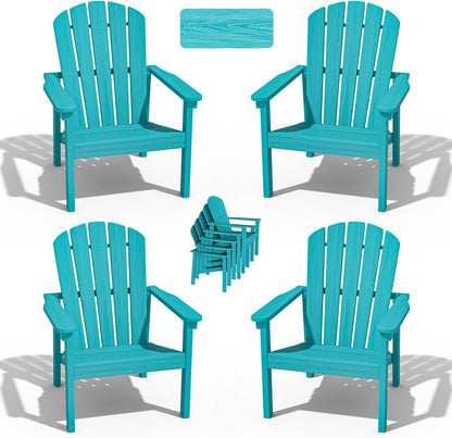 Stackable Adirondack Chair Set of 4, HDPE Outdoor Patio Chair - Durable and Space Saving, Suitable for Porches, Lawns or Garden, Aruba