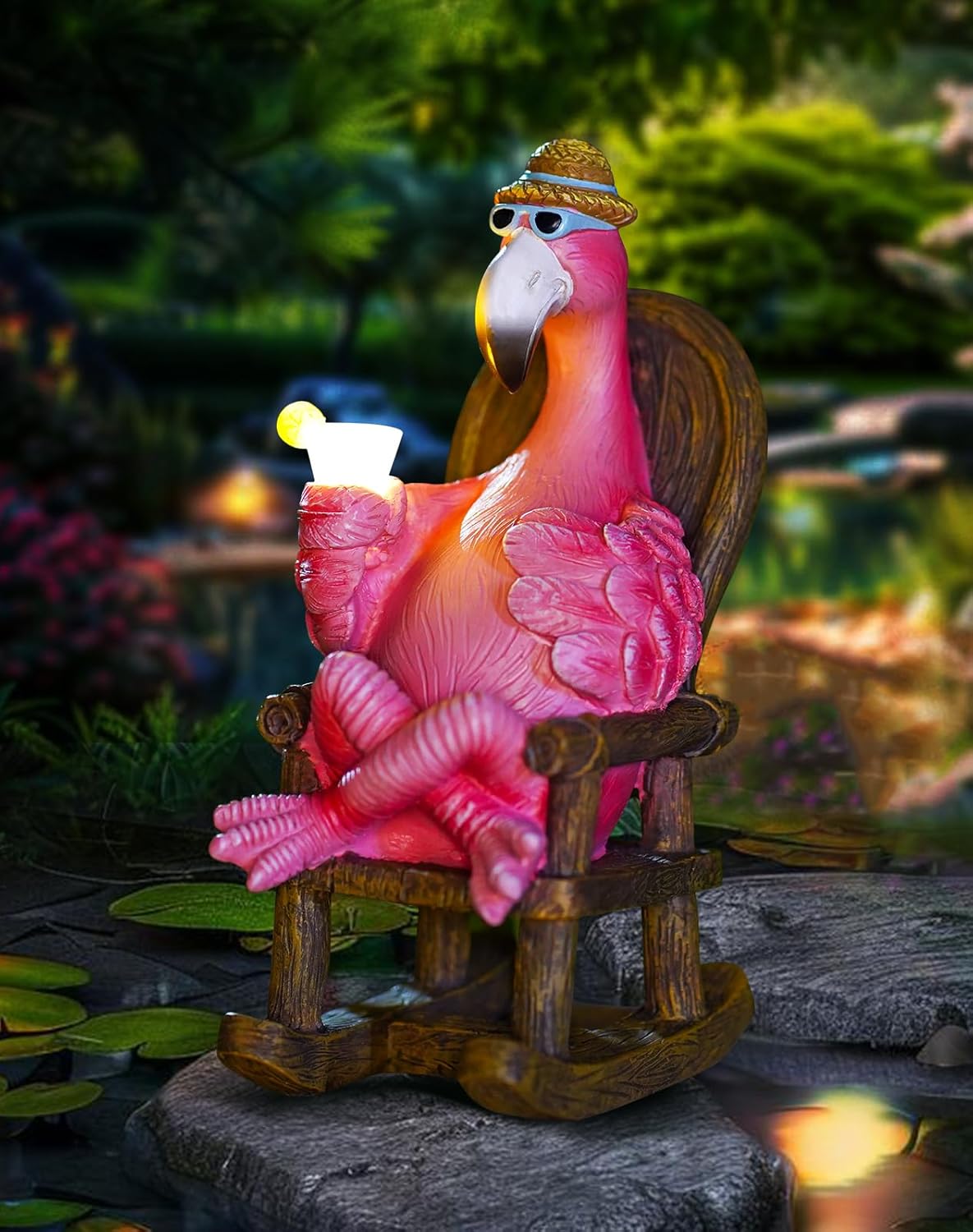 Solar Flamingo Statue for Outdoor Garden Decor - Resin Flamingo Fairy Garden Decor - Suitable for Home Desk Garden Lawn Patio Porch Decor, Unique Gifts for Mom Grandma (8.1 inch)
