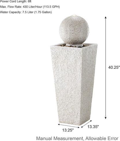 Glitzhome Outdoor Water Fountain with LED Light, Modern Oversized Sphere Pedestal Water Fountain with Submersible Pump, Modern Geometric Outdoor Fountains for Garden Patio Porch, 40.25" H