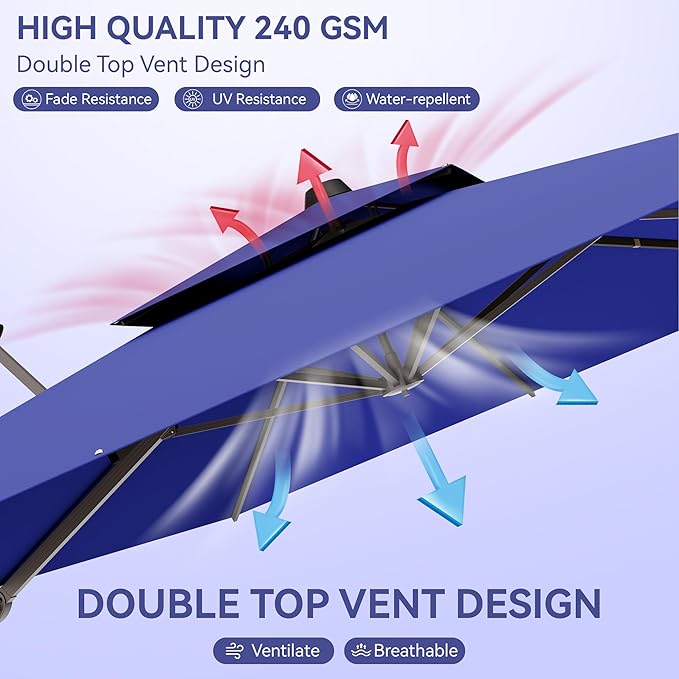10x13 FT Patio Umbrella, Large Cantilever Rectangular Double Top Heavy Duty Offset Umbrellas with 360° Rotation, Outdoor shade for Garden Deck Pool Patio, Navy