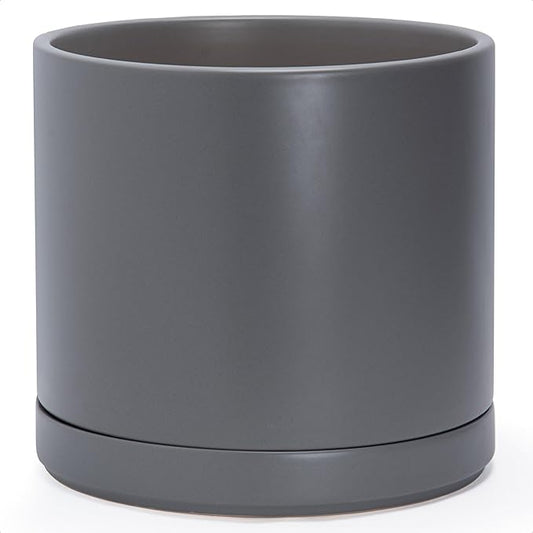 D'vine Dev 14 Inch Ceramic Planter Pot with Drainage Hole and Saucer, Indoor Cylinder Round Planter Pot, Speckled Grey, 94-O-G-3