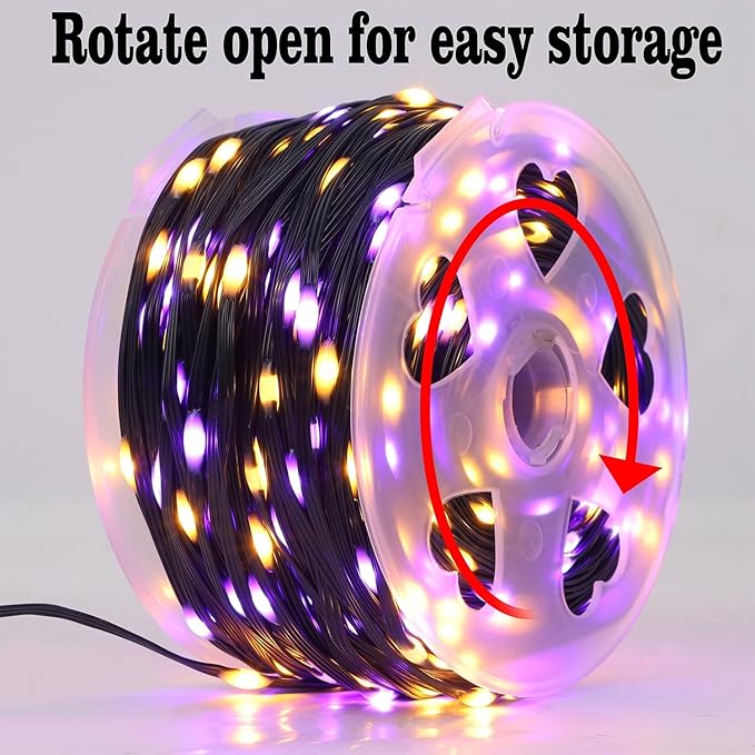 WATERGLIDE Extra Long 328FT Halloween Lights, 1000 LED Outdoor Fairy String Lights, Green PVC Copper Wire Christmas Light, Plug in 8 Modes & Waterproof for Tree Party Home Yard Decor, Orange&Purple