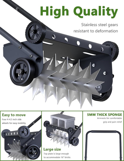 18-Inch Lawn Aerator Spike, Heavy Duty Push Spike Aerator, Rotary Lawn Aerator Tool, Manual Aerator Lawn Tool with Foam Armrests, Push Lawn Aerator with 4 Wheels for Lawn, Yard Aeration
