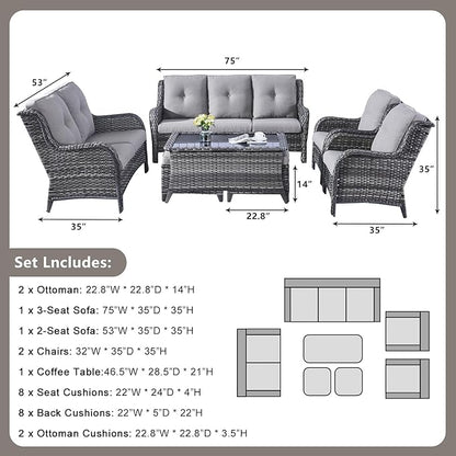 Rilyson Outdoor Patio Furniture Sofa Set - 7 PC Rattan Wicker Patio Sectional Conversation Sets with Sofa,Loveseat,Coffee Table,Armrest Chairs and Ottomans for Porch Deck Garden(Mixed Grey/Grey)