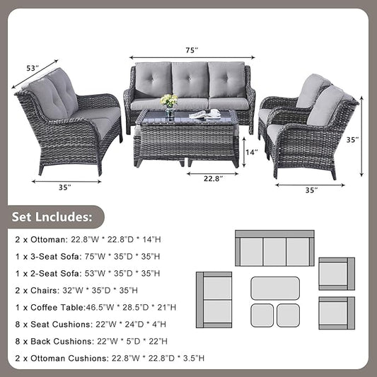 Rilyson Outdoor Patio Furniture Sofa Set - 7 PC Rattan Wicker Patio Sectional Conversation Sets with Sofa,Loveseat,Coffee Table,Armrest Chairs and Ottomans for Porch Deck Garden(Mixed Grey/Grey)