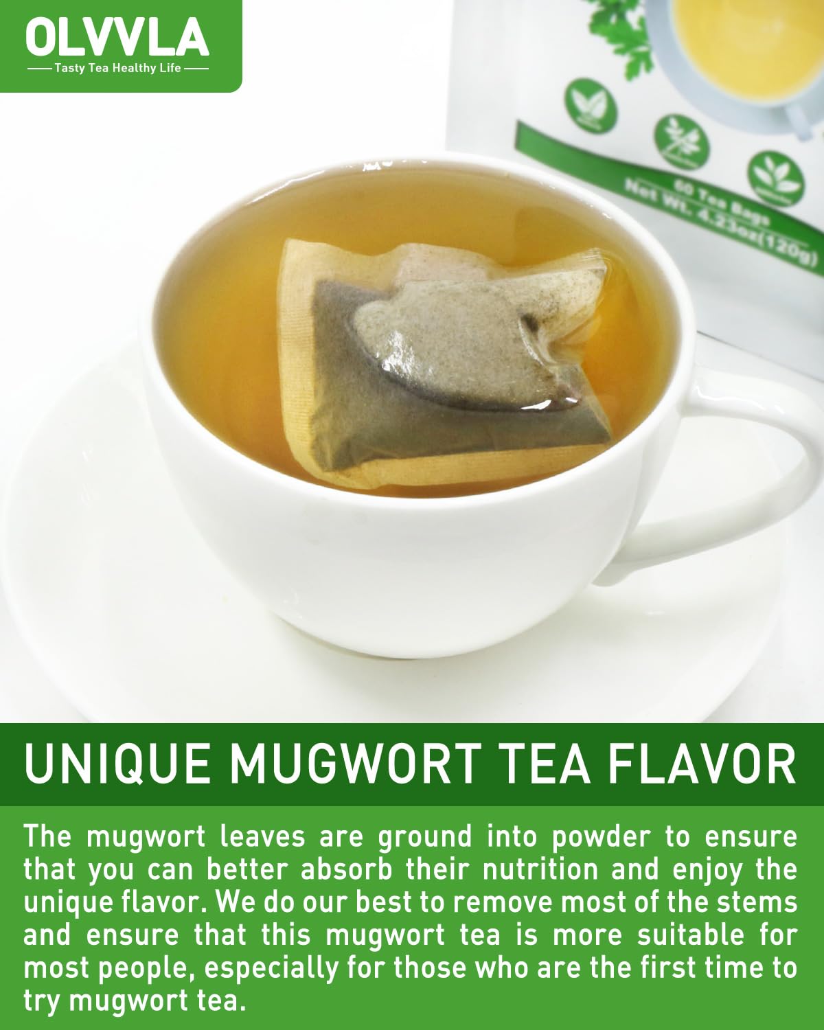 Olvvla - Premium Mugwort Tea - 2g X 60 Count - 100% Pure Natural Mugwort Tea Bag - Caffeine-free - Mugwort Herb Dried - Rich in Antioxidants & Support Digestion
