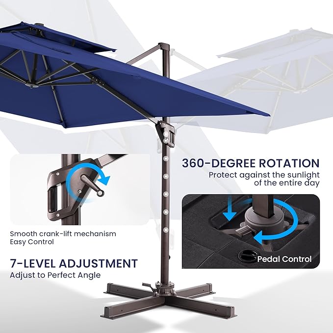 10x10 FT Cantilever Patio Umbrella Double Top Outdoor Square Large Heavy Duty Aluminum Offset Umbrellas with 7 Level Tilt 360-degree Rotation for Pool Garden Deck, Deep Navy