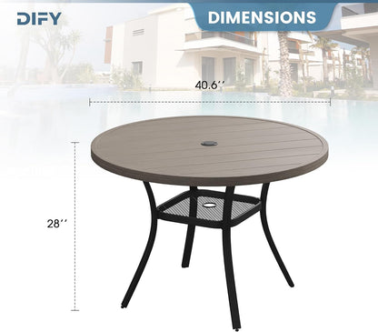 DIFY Outdoor Dining Table for 4, Round Patio Table with Umbrella Hole for Garden, Backyard and Porch (Grey)