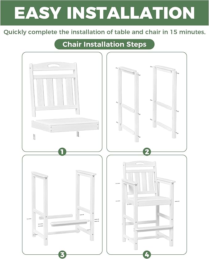 HDPE Outdoor Patio Tall Adirondack Bar Chair, All-Weather Bar Height Balcony Adirondack Stools for Bistro, Garden, Backyard, Deck | White