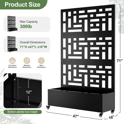 Metal Planter Box with Trellis, 71"x 47"x 16" Raised Garden Bed with Trellis & Wheels, Privacy Planters for Patio, Planter Box with Drainage Holes for Climbing Plants, Flower, Vegetable