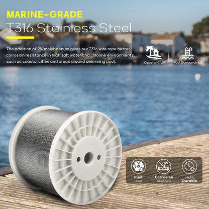 1000FT 1/8" T316 Stainless Steel Cable, Wire Rope Aircraft Cable for Deck Cable Railing Kit and DIY Balustrades, 7x7 Strands Construction, Comes with a Cutter