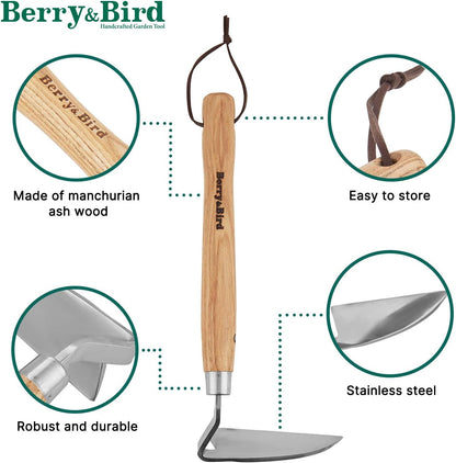 Berry&Bird Japanese Weeder-Scraper-Hoe, 12.67-Inch Gardening Sickle Hoe, Stainless Steel Bent Angle Weeding Sickle, Weeder Hoe with Ergonomic Ash Wood Handle for Weeding, Soil loosening, Digging