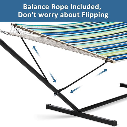 SUNCREAT Hammock with Stand 2 Person Heavy Duty, Freestanding Hammock with Spreader Bar, Soft Pillow, Green Stripes