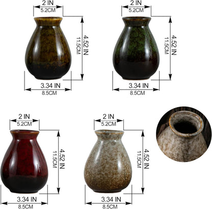 JOJUNO Glazed Rustic Bud Vase Set of 4 - Small Ceramic Mini Pottery Vases in White, Yellow, Green, Red - Ideal for Fresh & Dried Flowers - Modern Farmhouse Décor for Living Room, Shelves, Dining Table