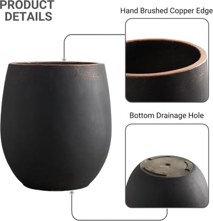 17.7"+13.3"+9.5" Dia Round Concrete Planter Set of 3, Large Outdoor Planter, Black with Gold Rim, Flower Pots with Drainage Holes for Garden, Patio, Home, Office