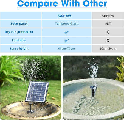 POPOSOAP Solar Bird Bath Fountain Pump, 6W Outdoor Solar Water Fountain Pump for Bird Bath with 4ft Tubing & 5 Nozzles, DIY Solar Powered Water Pump for Garden, Ponds, Pool and Fish Tank