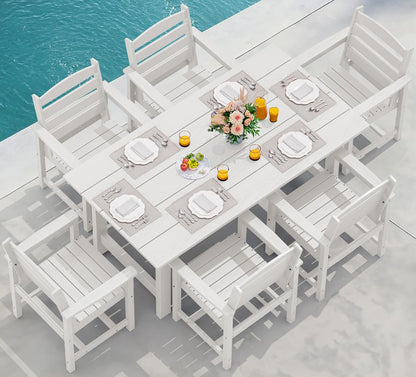 SERWALL 7-Piece Patio Dining Table Sets, Outdoor HDPE Dining Furniture Set with Umbrella Hole Cut-Out Table and 6 Chairs, White