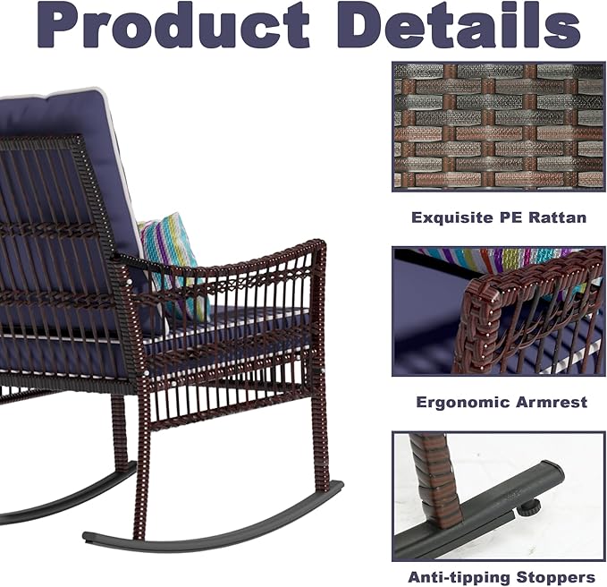 DECMICO Outdoor Rocking Chairs 3 Pieces Patio Conversation Front Porch Furniture, Wicker Bistro Set with Coffee Table for Garden and Balcony (Brown Rattan Royal Blue Cushion)