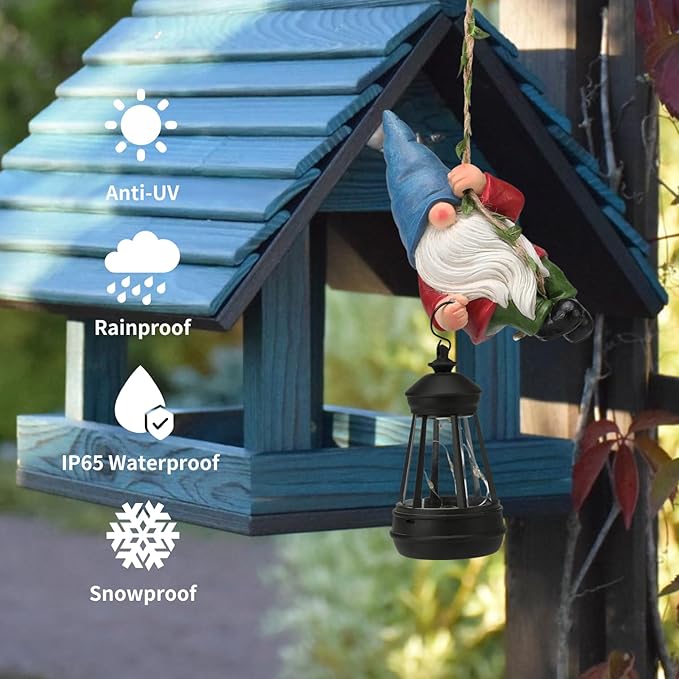 Solar Hanging Gnome Garden Statue Climbing Rope Gnome with LED Lantern Outdoor Decor Tree Hugger Yard Porch Wall Decoration Christmas Thanksgiving Birthday Gardening Gift for Mom Women