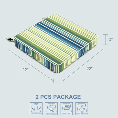LVTXIII Patio Chair Cushions 22"x22"x3", Water-Repellent Outdoor Seat Cushions for Patio Furniture, Square Chair Pads with Ties for Home Garden Decoration, Set of 2, Stripe Blue Green