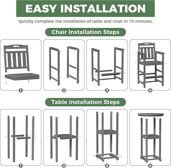 HDPE Outdoor Patio Bar Set with Bar Height Table and 2 Adirondack Chairs, All-Weather High Top Outside Round Pub Furniture for Bistro, Garden, Backyard, Deck | 3-Pieces, Grey