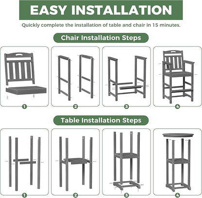 HDPE Outdoor Patio Bar Set with Bar Height Table and 2 Adirondack Chairs, All-Weather High Top Outside Round Pub Furniture for Bistro, Garden, Backyard, Deck | 3-Pieces, Grey