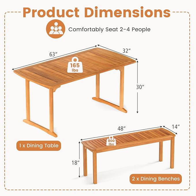 Tangkula 3 Piece Acacia Wood Patio Dining Table Set, 63" Large Patio Table & 2 Backless Benches w/Umbrella Hole, Farmhouse Indoor Outdoor Diner Furniture for Garden Poolside Deck Kitchen