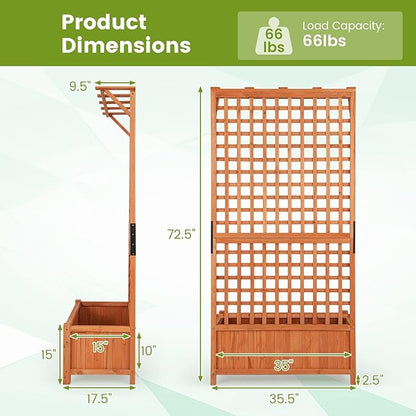 HAPPYGRILL Raised Garden Bed with Trellis, 72.5" Planter Raised Bed with Drainage Holes, Freestanding Garden Box for Vine Climbing Plants, Wooden Planter Box for Yard Balcony (2, Orange)