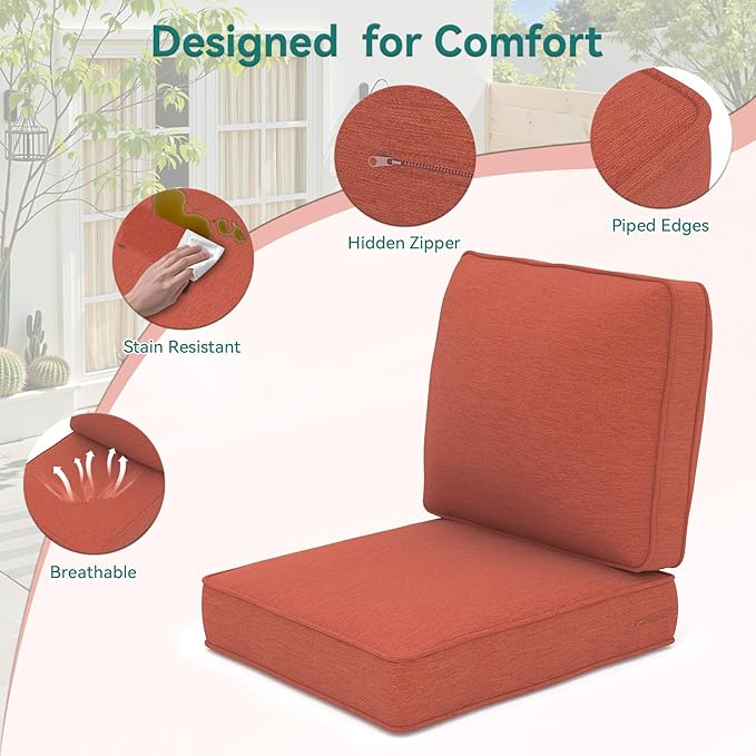 Outdoor Chair Cushions 23" x 24" x 4", Patio Deep Seat Replacement Cushions Set with Zippered Removable Cover, Weather-Resistant Olefin Fabric for Garden Chair Sofa Couch, Set of 2, Red