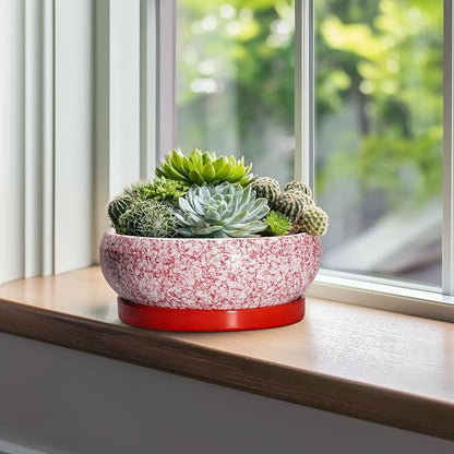 Bonsai Pots 10 Inch - Ceramic Succulent Planters for Indoor Plants Outdoor, Succulent Pots with Drainage Hole and Tray, Round Shallow Planter, Bonsai Planter, Home Decor, Gardening Gift, Red